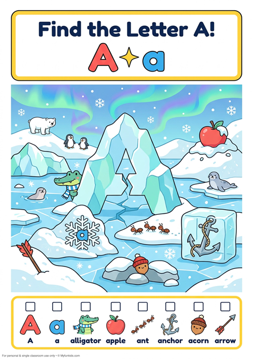 An engaging 'I spy' style letter recognition game featuring uppercase A, lowercase a, and 6 initial sound vocabulary words like alligator, apple, and anchor.
