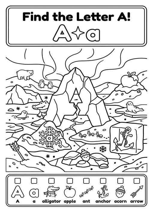 An engaging black-and-white alphabet coloring sheet featuring uppercase A, lowercase a, and 6 initial sound vocabulary words to find and color.