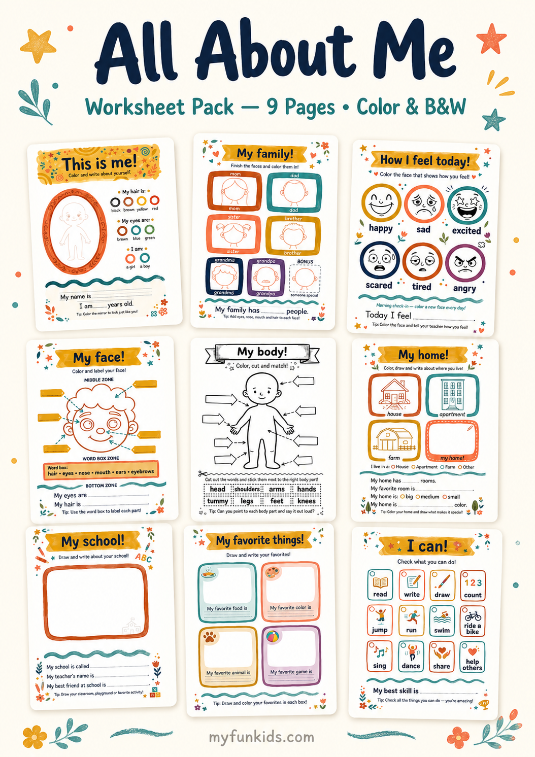 All About Me Worksheet Pack for Kids (ESL Printable) — 9 Pages