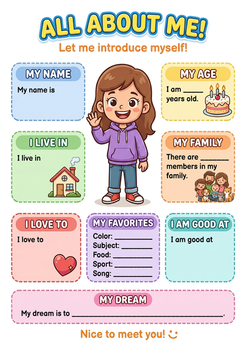 A fun and engaging All About Me ESL worksheet designed for young learners to practice basic English vocabulary and speaking skills. Perfect for classrooms, homeschooling, and beginner English lessons.