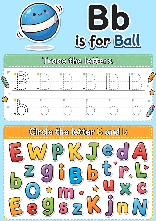 Free printable Bb tracing worksheet for preschool, kindergarten, and ESL. Trace uppercase and lowercase B, find B/b, build handwriting 