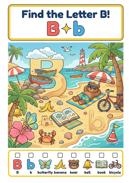 An engaging 'I spy' style letter recognition game featuring uppercase B, lowercase b, and 6 initial sound vocabulary words like butterfly, banana, and bear.