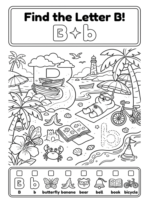 An engaging black-and-white alphabet coloring sheet featuring uppercase B, lowercase b, and 6 initial sound vocabulary words to find and color.