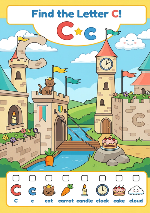 An engaging 'I spy' style letter recognition game featuring uppercase C, lowercase c, and 8 initial sound vocabulary words like cat, carrot, candle, clock, cake, and cloud.