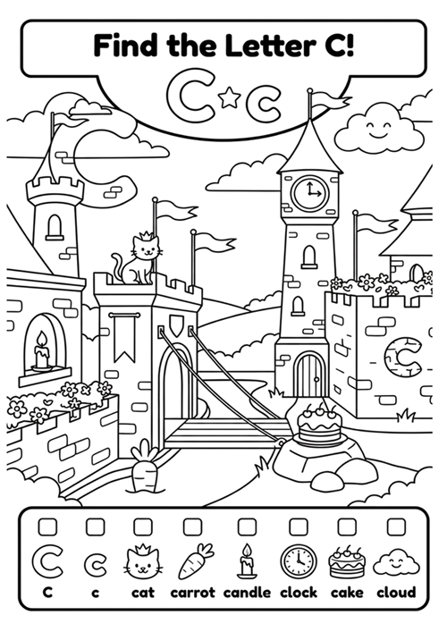 An engaging black-and-white alphabet coloring sheet featuring uppercase C, lowercase c, and 8 initial sound vocabulary words to find and color.