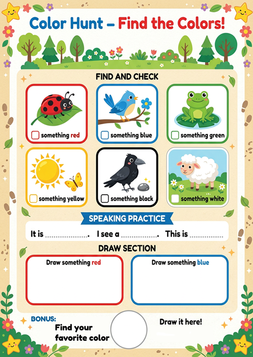 Help kids learn colors in a fun and interactive way with this outdoor color hunt worksheet. Perfect for beginners, this printable activity combines movement, speaking practice, and creativity.