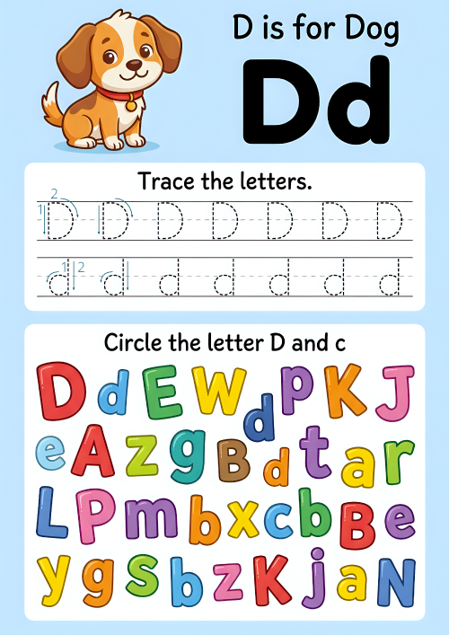 Free printable Dd tracing worksheet for preschool, kindergarten, and ESL. Practice uppercase/lowercase D formation, phonics (D is for dog), and letter recognition
