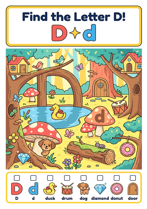 An engaging 'I spy' style letter recognition game featuring uppercase D, lowercase d, and 6 initial sound vocabulary words like duck, drum, dog, diamond, donut, and door.