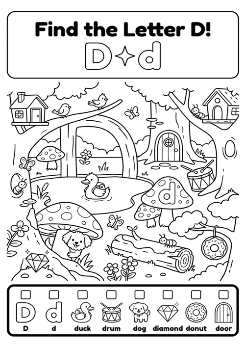 An engaging black-and-white alphabet coloring sheet featuring uppercase D, lowercase d, and 6 initial sound vocabulary words like duck, drum, dog, diamond, donut, and door.