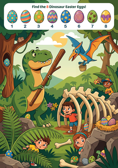 Printable Dinosaur Easter Egg Hunt Worksheet for ESL kids. Fun seek-and-find activity to practice Easter vocabulary, colors, and observation skills. Perfect for ESL teachers, classrooms, and home learning.