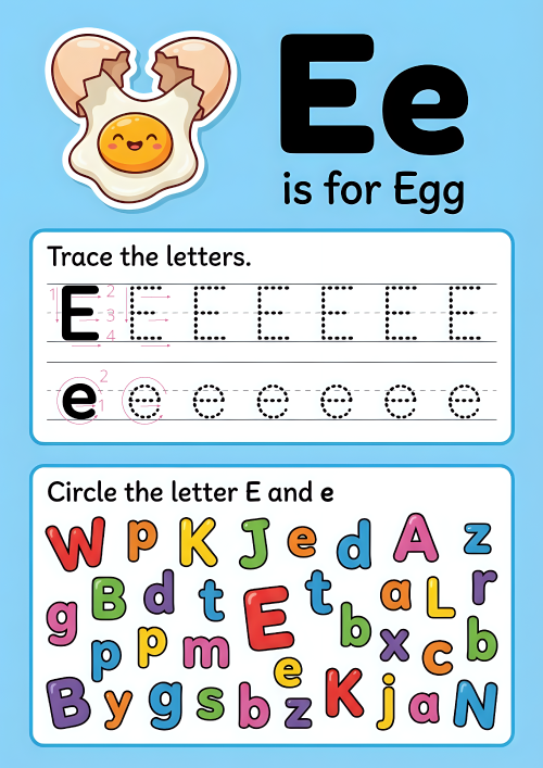 Printable ESL worksheet showing “E is for egg,” uppercase and lowercase E tracing with arrows, and a colorful letter hunt to circle E/e.