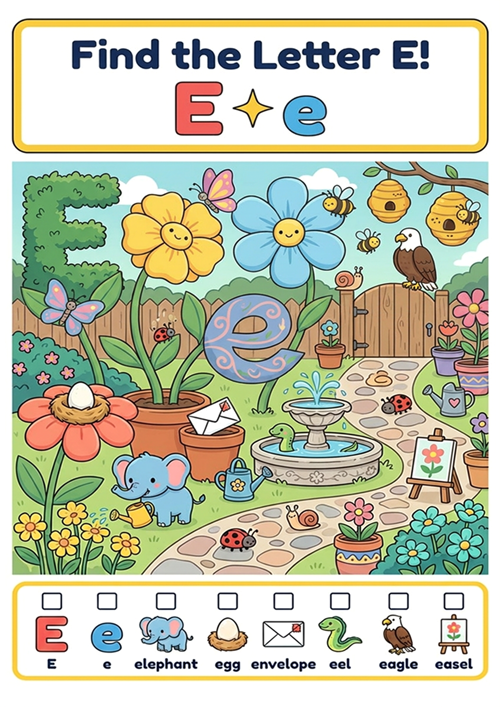 An engaging 'I spy' style letter recognition game featuring uppercase E, lowercase e, and 6 initial sound vocabulary words like elephant, egg, envelope, eel, eagle, and easel.