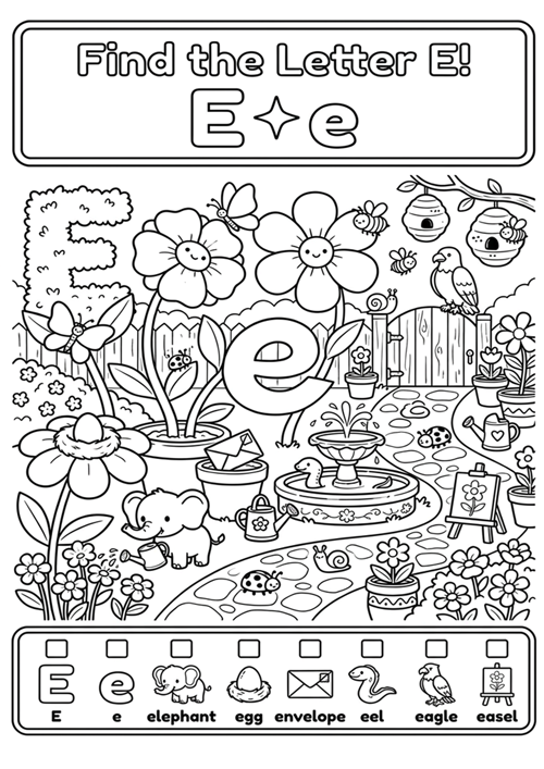 An engaging black-and-white alphabet coloring sheet featuring uppercase E, lowercase e, and 6 initial sound vocabulary words like elephant, egg, envelope, eel, eagle, and easel.