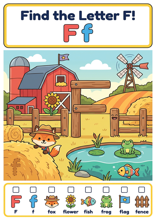 An engaging 'I spy' style letter recognition game featuring uppercase F, lowercase f, and 6 initial sound vocabulary words like fox, flower, fish, frog, flag, and fence.