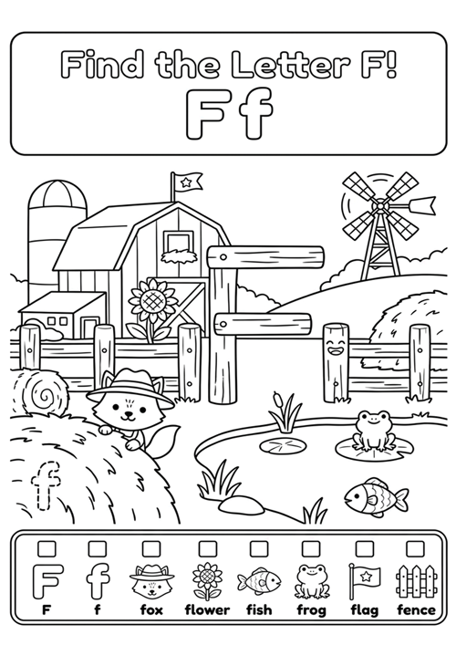 An engaging black-and-white alphabet coloring sheet featuring uppercase F, lowercase f, and 6 initial sound vocabulary words like fox, flower, fish, frog, flag, and fence.