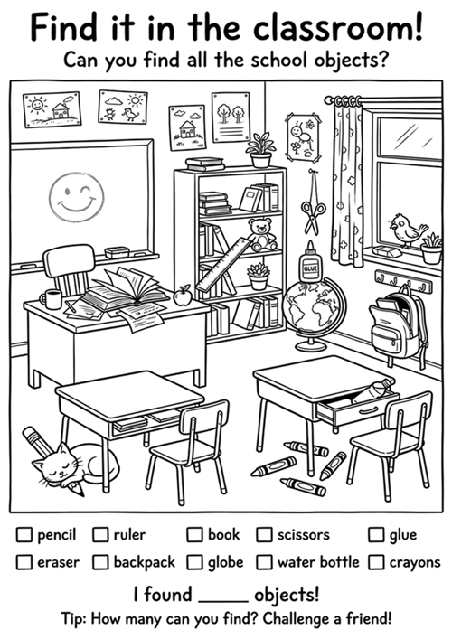 An engaging 'I spy' style classroom scene worksheet where children search for 10 hidden school objects including pencil, ruler, book, scissors, glue, eraser, backpack, globe, water bottle, and crayons.