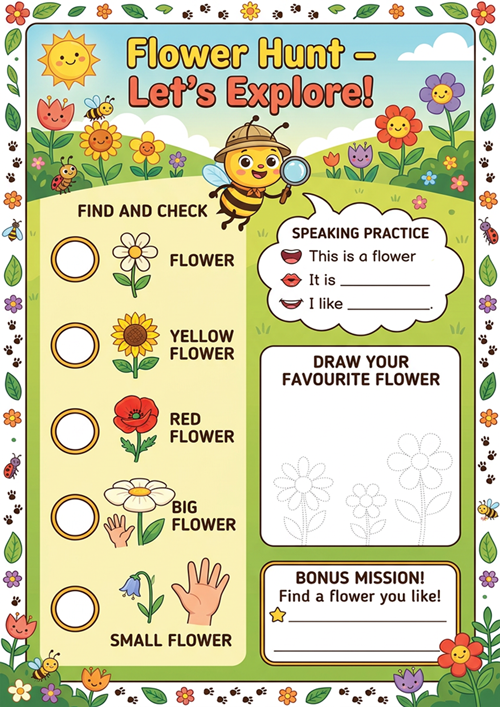 A fun spring-themed ESL worksheet that helps kids learn flower vocabulary while exploring outdoors. Includes speaking practice and drawing activities for young learners.