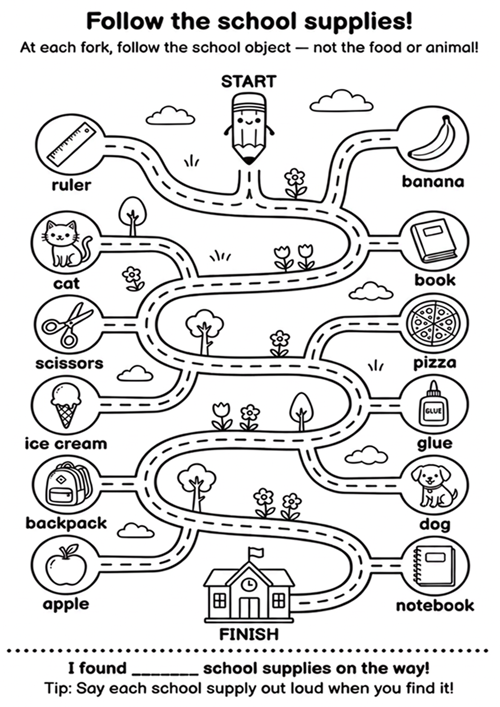 A fun maze activity where children follow school objects at each fork — ruler, book, scissors, glue, backpack, and notebook — to reach the finish, avoiding food and animals along the way.
