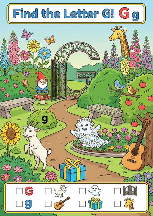 An engaging 'I spy' style letter recognition game featuring uppercase G, lowercase g, and 6 initial sound vocabulary words like goat, guitar, ghost, gift, gate, and giraffe.
