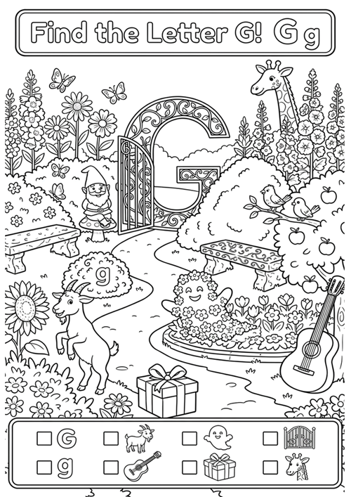 An engaging black-and-white alphabet coloring sheet featuring uppercase G, lowercase g, and 6 initial sound vocabulary words like goat, guitar, ghost, gift, gate, and giraffe.
