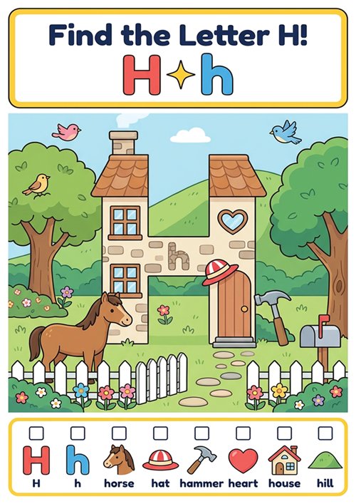 An engaging 'I spy' style letter recognition game featuring uppercase H, lowercase h, and 6 initial sound vocabulary words like horse, hat, hammer, heart, house, and hill.
