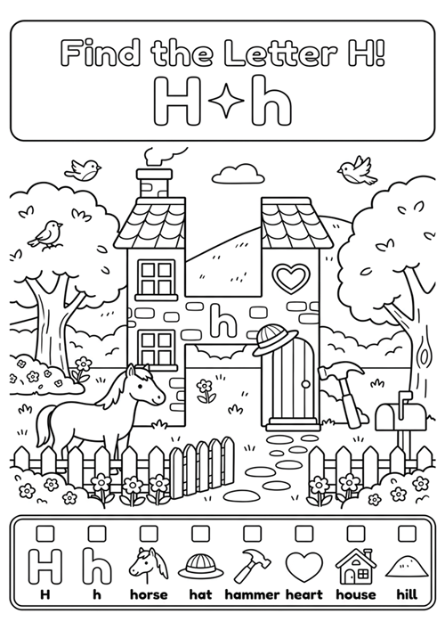 An engaging black-and-white alphabet coloring sheet featuring uppercase H, lowercase h, and 6 initial sound vocabulary words like horse, hat, hammer, heart, house, and hill.