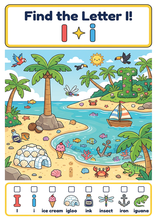 An engaging 'I spy' style letter recognition game featuring uppercase I, lowercase i, and 6 initial sound vocabulary words like ice cream, igloo, ink, insect, iron, and iguana.