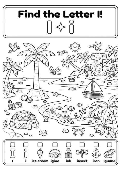 An engaging black-and-white alphabet coloring sheet featuring uppercase I, lowercase i, and 6 initial sound vocabulary words like ice cream, igloo, ink, insect, iron, and iguana.