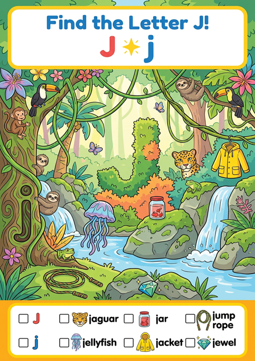 An engaging 'I spy' style letter recognition game featuring uppercase J, lowercase j, and 6 initial sound vocabulary words like jaguar, jar, jump rope, jellyfish, jacket, and jewel.