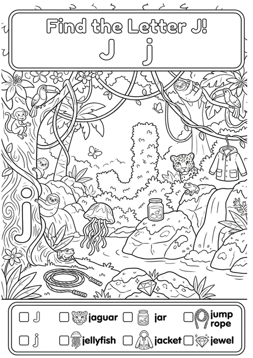 An engaging black-and-white alphabet coloring sheet featuring uppercase J, lowercase j, and 6 initial sound vocabulary words like jaguar, jar, jump rope, jellyfish, jacket, and jewel.