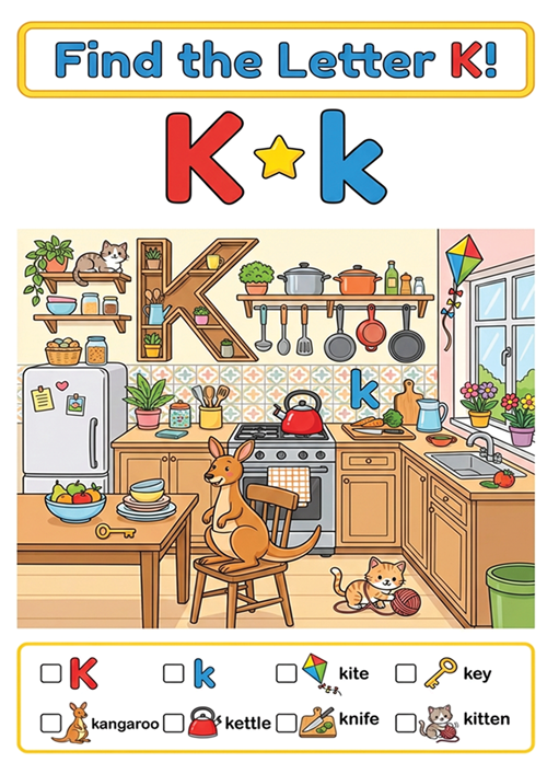 An engaging 'I spy' style letter recognition game featuring uppercase K, lowercase k, and 6 initial sound vocabulary words like kite, key, kangaroo, kettle, knife, and kitten.