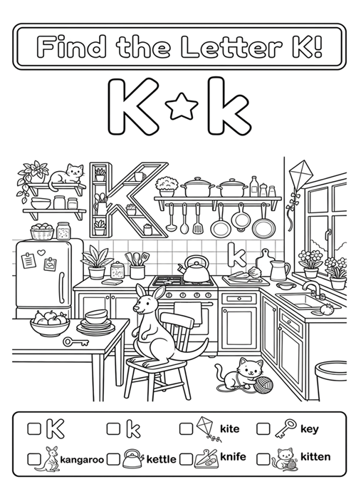 An engaging black-and-white alphabet coloring sheet featuring uppercase K, lowercase k, and 6 initial sound vocabulary words like kite, key, kangaroo, kettle, knife, and kitten.