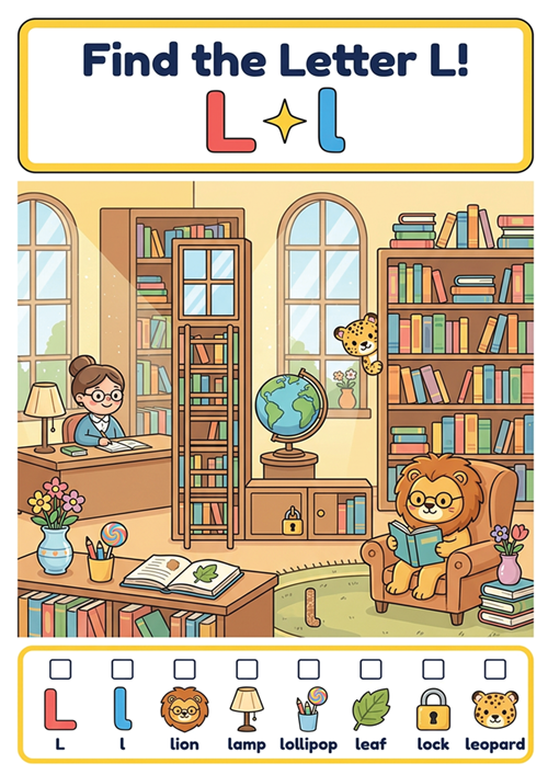 An engaging 'I spy' style letter recognition game featuring uppercase L, lowercase l, and 6 initial sound vocabulary words like lion, lamp, lollipop, leaf, lock, and leopard.
