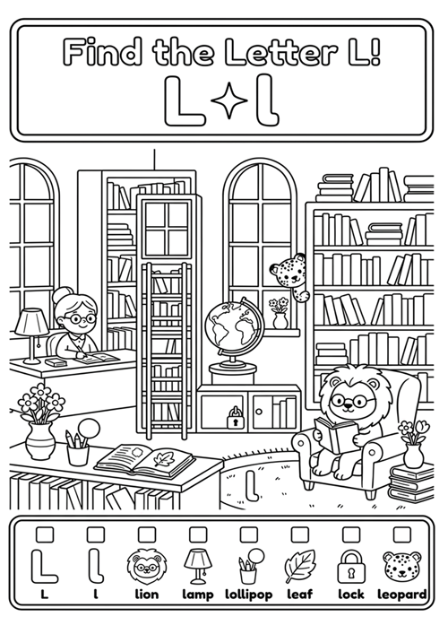 An engaging black-and-white alphabet coloring sheet featuring uppercase L, lowercase l, and 6 initial sound vocabulary words like lion, lamp, lollipop, leaf, lock, and leopard.