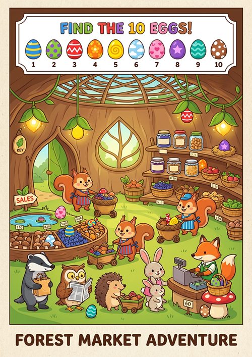 Printable Forest Market Easter Egg Hunt worksheet for ESL kids. Students find and match 10 hidden Easter eggs in a fun forest market scene. Perfect classroom activity.