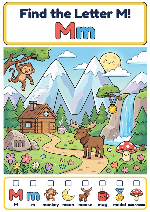 An engaging 'I spy' style letter recognition game featuring uppercase M, lowercase m, and 6 initial sound vocabulary words like monkey, moon, moose, mug, medal, and mushroom.