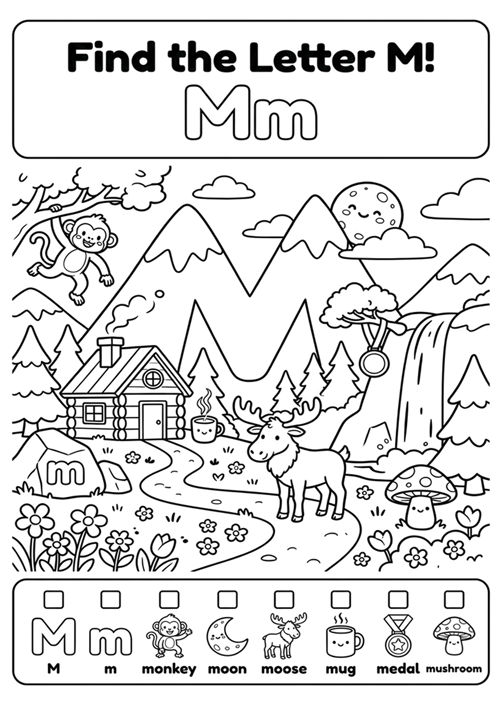 An engaging black-and-white alphabet coloring sheet featuring uppercase M, lowercase m, and 6 initial sound vocabulary words like monkey, moon, moose, mug, medal, and mushroom.
