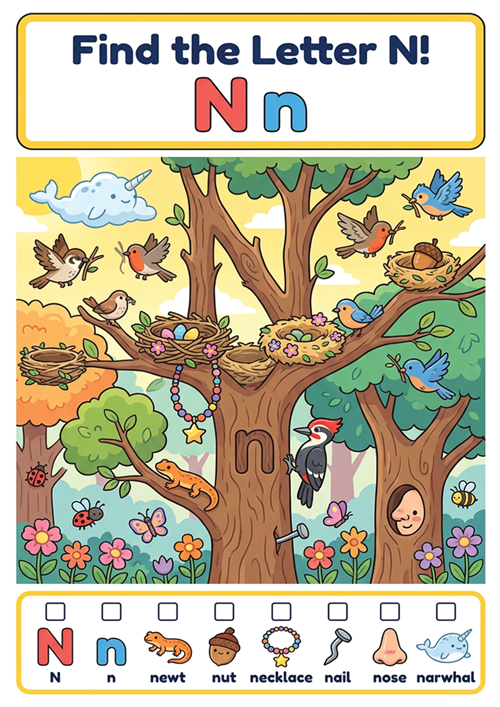 An engaging 'I spy' style letter recognition game featuring uppercase N, lowercase n, and 6 initial sound vocabulary words like newt, nut, necklace, nail, nose, and narwhal
