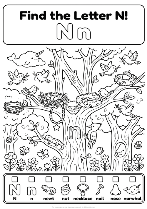 An engaging black-and-white alphabet coloring sheet featuring uppercase N, lowercase n, and 6 initial sound vocabulary words like newt, nut, necklace, nail, nose, and narwhal.