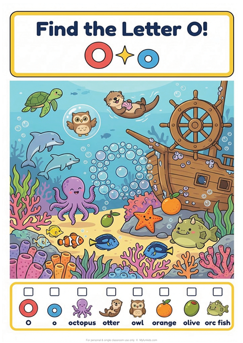 An engaging 'I spy' style letter recognition game featuring uppercase O, lowercase o, and 6 initial sound vocabulary words like octopus, otter, owl, orange, olive, and orc fish.
