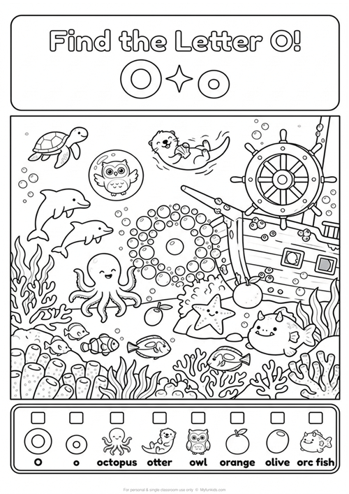 An engaging black-and-white alphabet coloring sheet featuring uppercase O, lowercase o, and 6 initial sound vocabulary words like octopus, otter, owl, orange, olive, and orc fish.