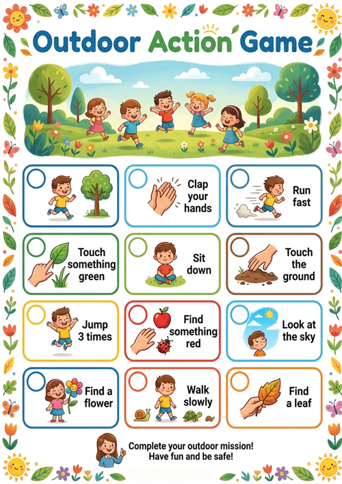 Get kids moving and learning with this outdoor ESL action game. Includes simple commands like “run,” “jump,” and “touch” to build vocabulary through movement.