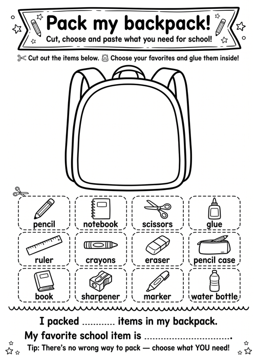 A fun and creative cut and paste school supplies worksheet for preschool and kindergarten ESL learners. Children cut out 12 school objects, choose their favorites and glue them inside the backpack. Perfect for back-to-school week and ESL vocabulary practice.