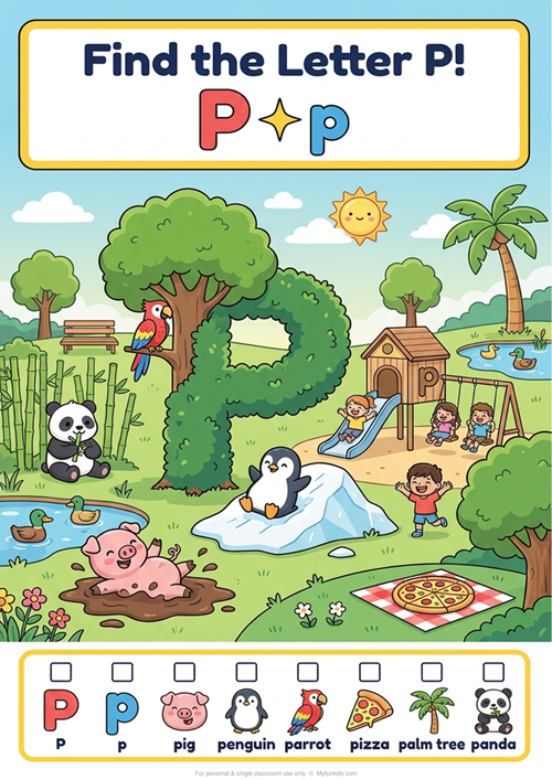 An engaging 'I spy' style letter recognition game featuring uppercase P, lowercase p, and 6 initial sound vocabulary words like pig, penguin, parrot, pizza, palm tree, and panda.