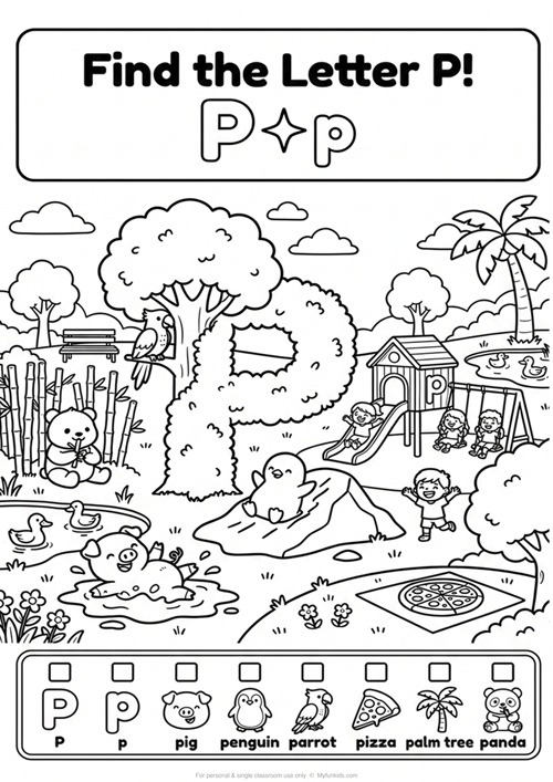 An engaging black-and-white alphabet coloring sheet featuring uppercase P, lowercase p, and 6 initial sound vocabulary words like pig, penguin, parrot, pizza, palm tree, and panda.