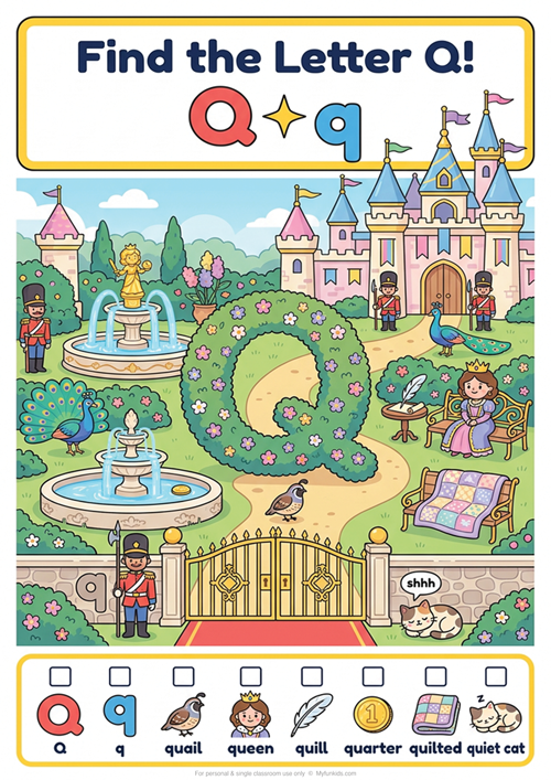 An engaging 'I spy' style letter recognition game featuring uppercase Q, lowercase q, and 6 initial sound vocabulary words like quail, queen, quill, quarter, quilt, and quiet cat.