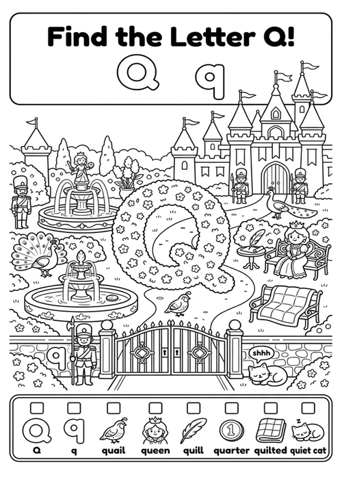 An engaging black-and-white alphabet coloring sheet featuring uppercase Q, lowercase q, and 6 initial sound vocabulary words like quail, queen, quill, quarter, quilted, and quiet cat.