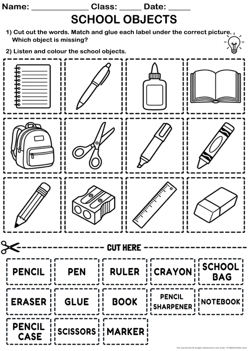 This ready-to-print worksheet is perfect for ESL teachers working with young beginners (A1 level). It practises school vocabulary through two engaging activities: a cut-and-paste matching task and a listen-and-colour activity. No preparation needed — just print and go!

✔ Vocabulary: pencil, pen, ruler, crayon, eraser, glue, book, notebook, school bag, scissors, marker, pencil case, pencil sharpener
✔ Skills: reading, listening, fine motor skills
✔ Level: A1 / Beginner
✔ Age: 5–9 years
✔ British English
✔ Format: PDF, black and white, printer-friendly