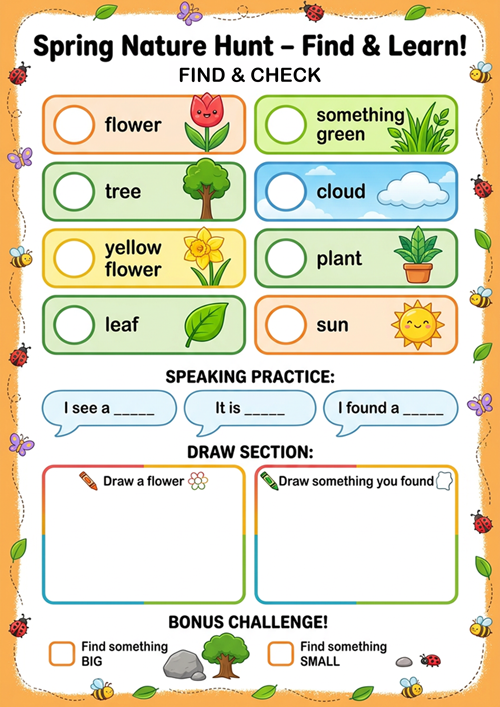 Explore nature and learn English with this spring-themed outdoor worksheet. Kids will find objects, practice speaking, and complete fun challenges.