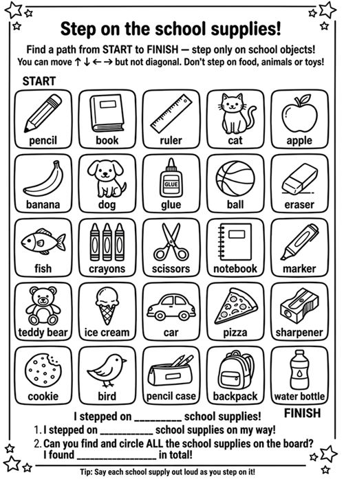 A fun maze-style activity where children find a path from Start to Finish by stepping only on school supplies like pencil, ruler, scissors, notebook, and backpack — avoiding food, animals, and toys.
